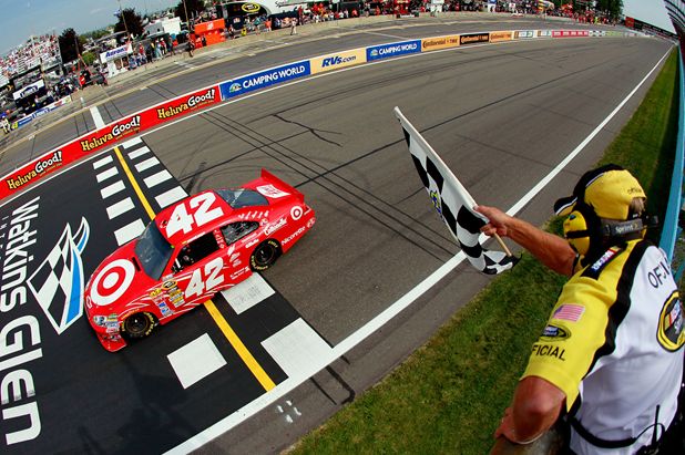 Juan Pablo Montoya takes his second career NASCAR Sprint Cup Series checkered flag, winning the Heluva Good! Sour Cream Dips At The Glen on Sunday at Watkins Glen International in Watkins Glen, N.Y. Credit: Kevin C. Cox/Getty Images